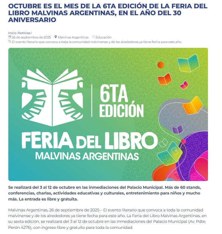 NOTICIAS MALVINAS ARGENTINAS: OCTUBRE ES EL MES DE LA 6TA EDICION DE LA FERIA DEL LIBRO MALVINAS ARGENTINAS, EN EL AÑO DEL 30 ANIVERSARIO